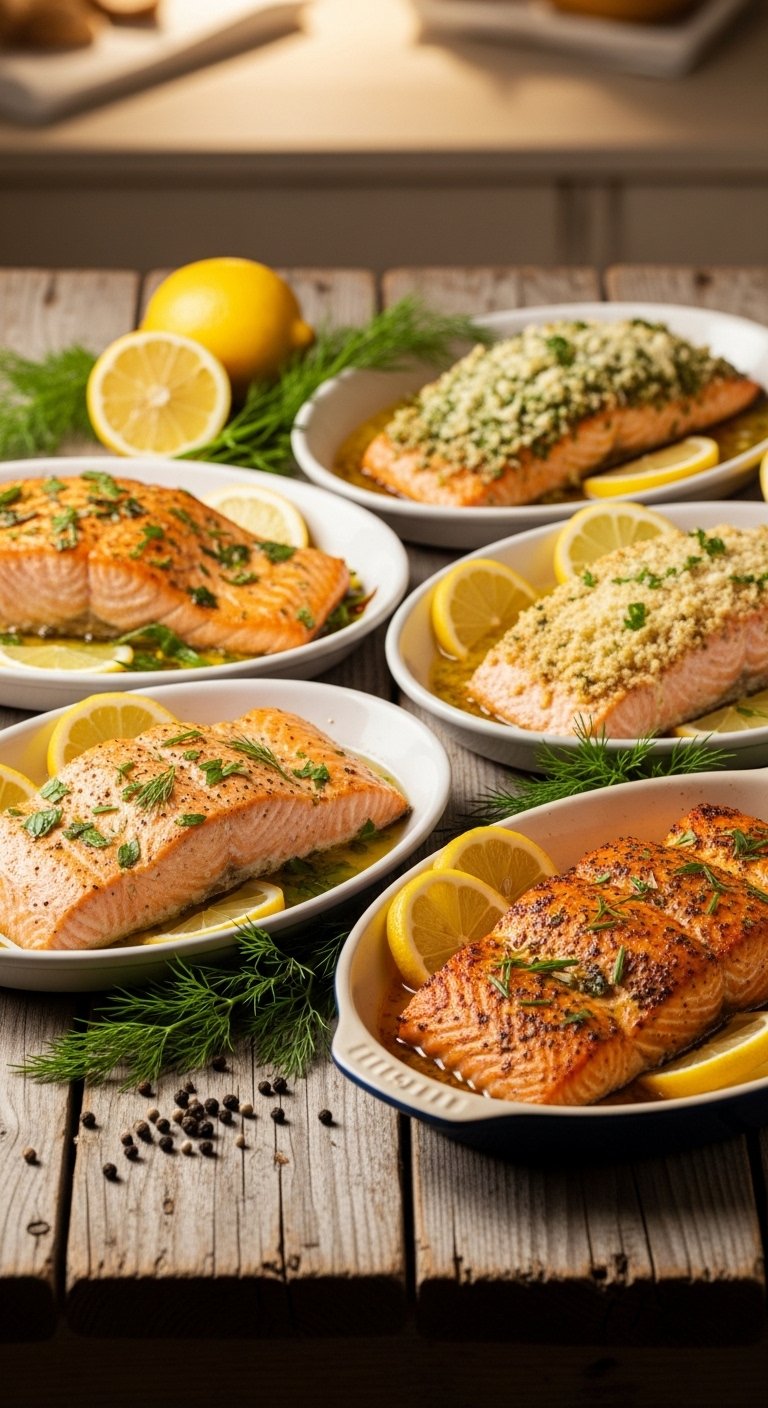 A breathtaking easy salmon recipes baked editorial featuring a stunning spread of golden baked salmon dishes including garlic butter, parmesan herb crusted, lemon pepper, and Mediterranean styles on a rustic wooden table with fresh lemon and dill, showcasing the ultimate guide to foolproof and flavorful easy baked salmon meals.