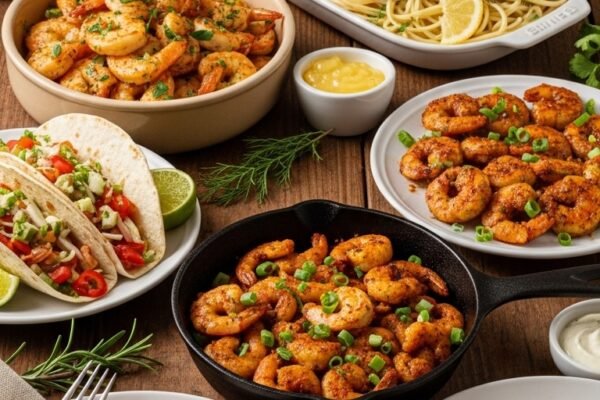 A breathtaking easy shrimp recipes for dinner editorial featuring a stunning spread of golden shrimp dishes including garlic butter shrimp, lemon scampi, shrimp tacos, Cajun shrimp, and Greek shrimp with feta beautifully styled on a rustic wooden table with fresh lemon and herbs, showcasing the ultimate guide to fast fancy and foolproof easy shrimp recipes for dinner.
