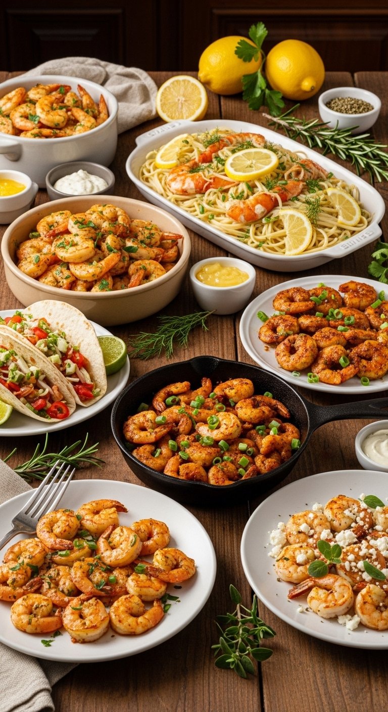 A breathtaking easy shrimp recipes for dinner editorial featuring a stunning spread of golden shrimp dishes including garlic butter shrimp, lemon scampi, shrimp tacos, Cajun shrimp, and Greek shrimp with feta beautifully styled on a rustic wooden table with fresh lemon and herbs, showcasing the ultimate guide to fast fancy and foolproof easy shrimp recipes for dinner.