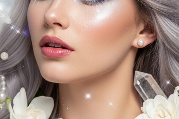 A breathtaking ethereal beauty editorial featuring a stunning woman with luminous glass skin, moonlit shimmer eyeshadow, feathery wispy lashes, softly stained lips, and iridescent hair surrounded by white flowers and crystals, showcasing 15 ethereal beauty ideas to transform your look into breathtaking dreamlike art.