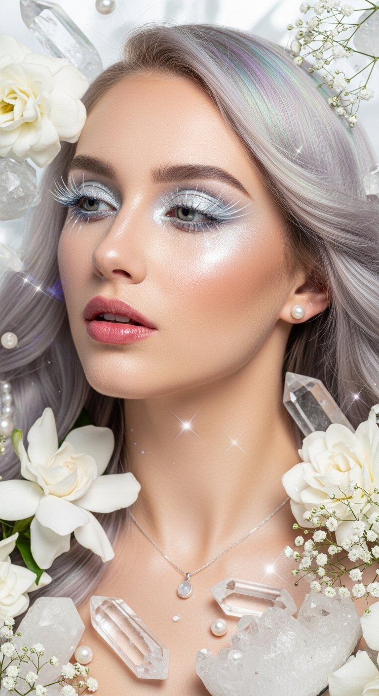 A breathtaking ethereal beauty editorial featuring a stunning woman with luminous glass skin, moonlit shimmer eyeshadow, feathery wispy lashes, softly stained lips, and iridescent hair surrounded by white flowers and crystals, showcasing 15 ethereal beauty ideas to transform your look into breathtaking dreamlike art.