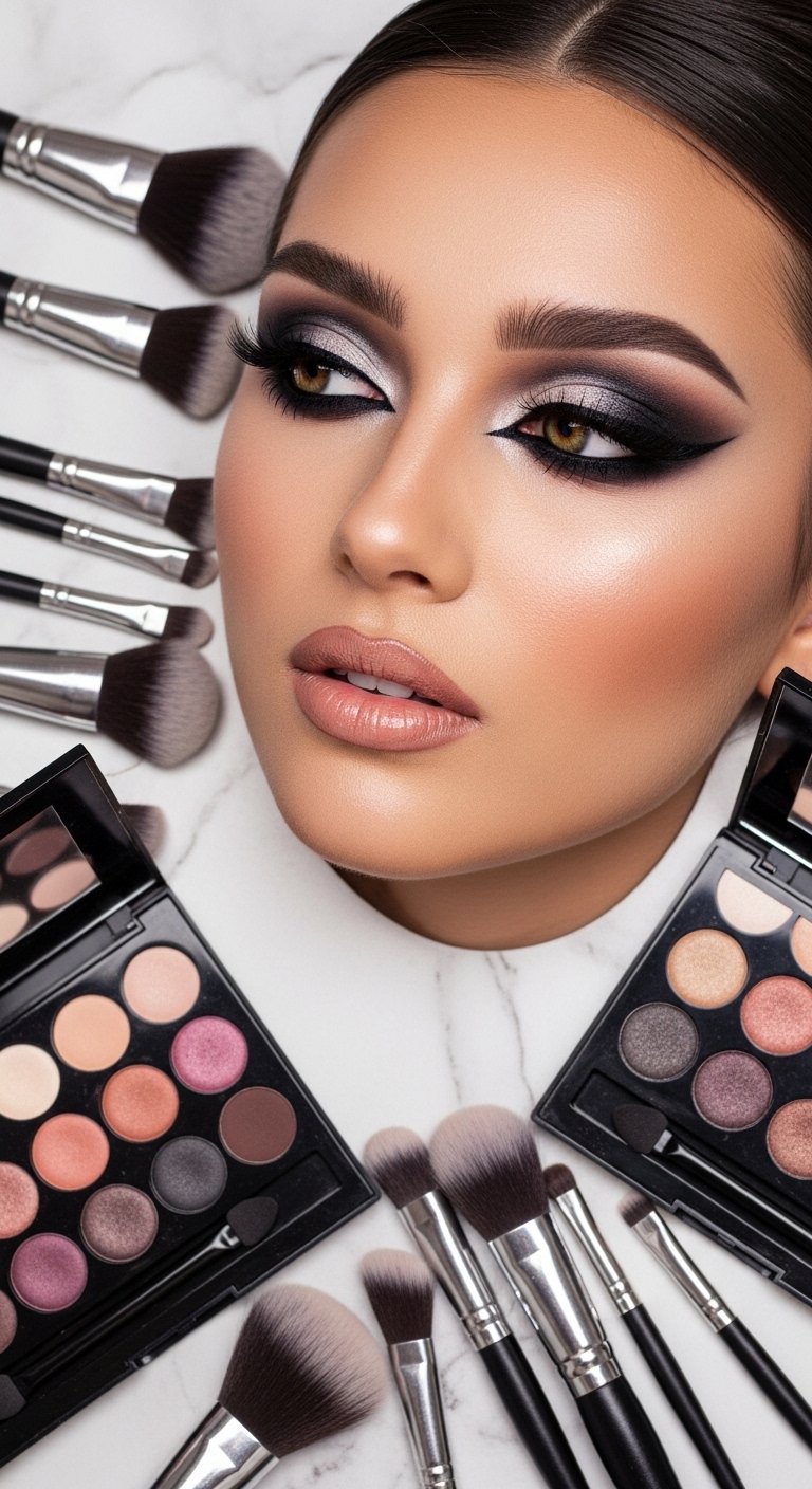 A breathtaking Korean makeup look editorial featuring a beautiful woman with flawless dewy glass skin, soft gradient lips, straight brows, puppy liner, and luminous K-beauty glow surrounded by elegant Korean beauty products, showcasing 20 Korean makeup look ideas as the ultimate guide to achieving the coveted K-beauty glow.