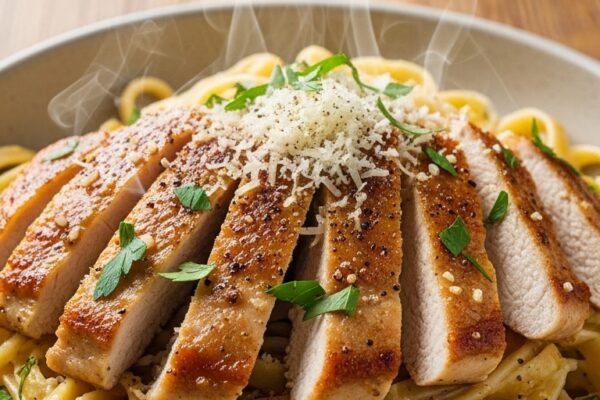 A breathtaking garlic butter chicken pasta editorial featuring a stunning bowl of golden seared chicken over perfectly cooked fettuccine in a rich glossy garlic butter cream sauce topped with freshly grated parmesan and fresh parsley, showcasing the ultimate comfort food guide to making the most delicious garlic butter chicken pasta at home.