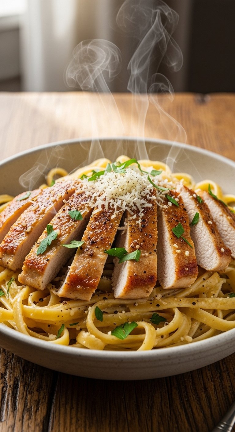 A breathtaking garlic butter chicken pasta editorial featuring a stunning bowl of golden seared chicken over perfectly cooked fettuccine in a rich glossy garlic butter cream sauce topped with freshly grated parmesan and fresh parsley, showcasing the ultimate comfort food guide to making the most delicious garlic butter chicken pasta at home.