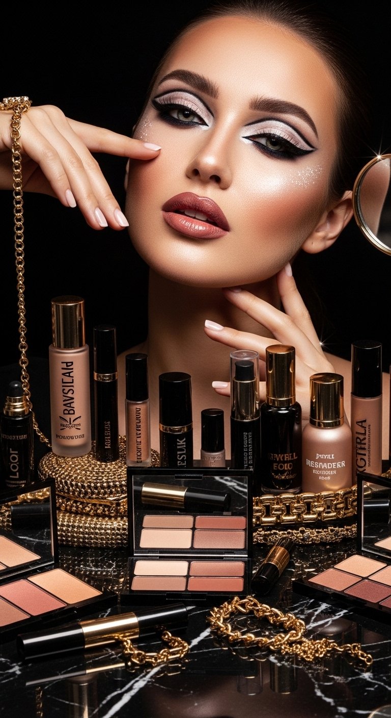 A breathtaking glam makeup look editorial featuring a stunning woman with dramatic smokey eyes, blinding highlighter, bold lips, graphic liner, and flawless skin surrounded by luxury makeup products on black marble, showcasing 15 glam makeup look ideas to elevate your beauty routine to the next level.