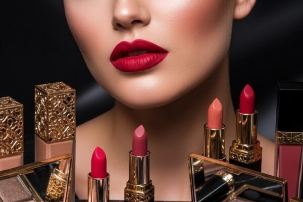 A breathtaking, glamorous makeup look editorial featuring a stunning woman with dramatic smokey eyes, bold red lips, blinding highlighter, jewel-toned eyeshadow, and flawless skin surrounded by luxury makeup products, showcasing 17 glamour makeup looks ideas as the ultimate guide to achieving stunning and unforgettable beauty.