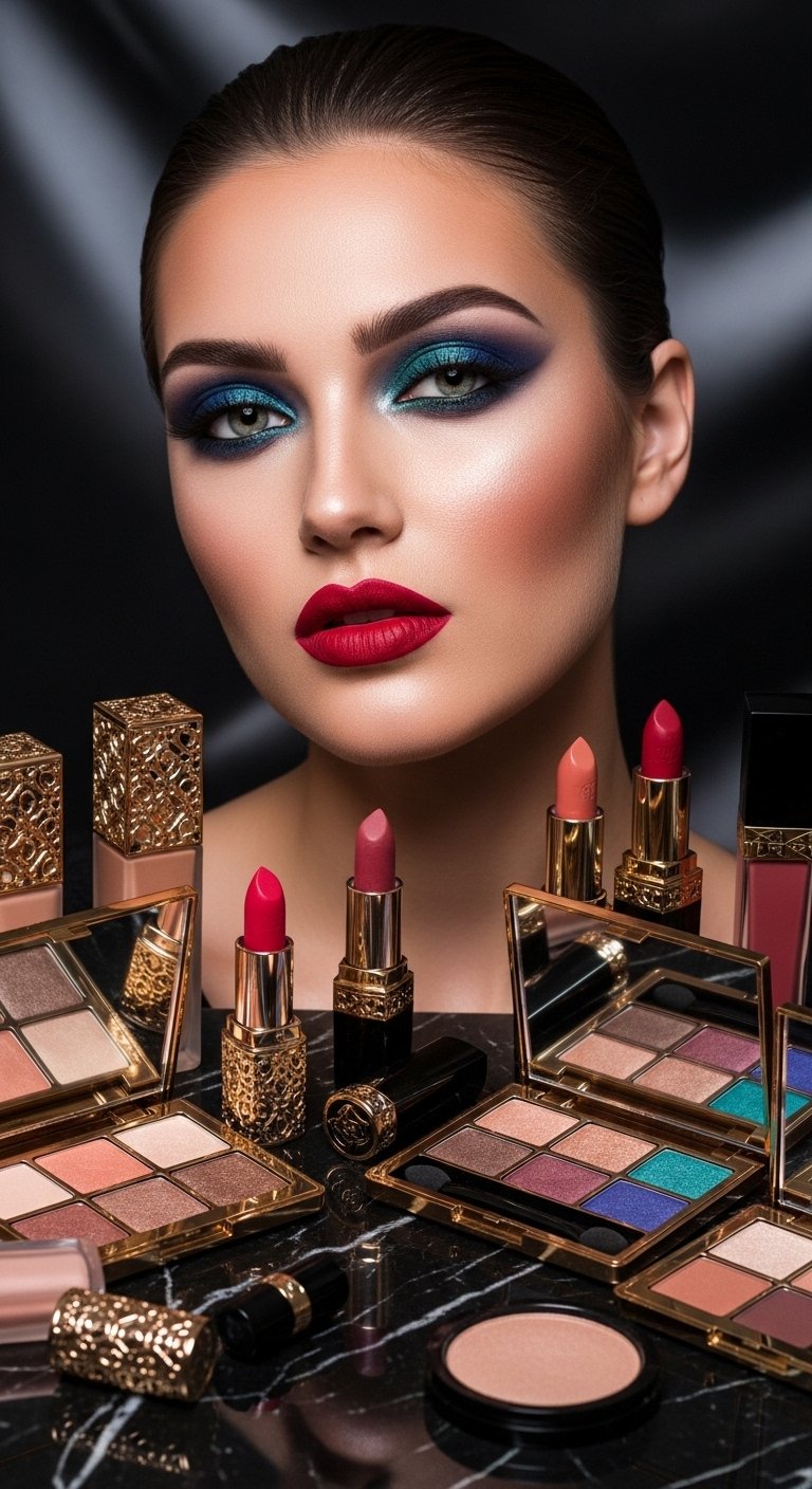 A breathtaking, glamorous makeup look editorial featuring a stunning woman with dramatic smokey eyes, bold red lips, blinding highlighter, jewel-toned eyeshadow, and flawless skin surrounded by luxury makeup products, showcasing 17 glamour makeup looks ideas as the ultimate guide to achieving stunning and unforgettable beauty.