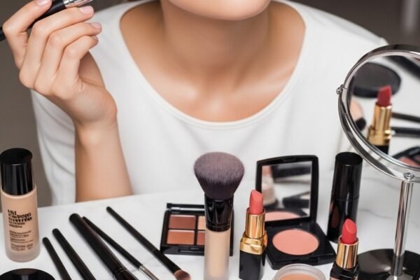 A breathtaking makeup tutorial editorial featuring a beautiful woman with a perfectly flawless face including glowing skin, defined eyes, sculpted cheeks, and polished lips surrounded by makeup brushes and products on a white marble vanity, serving as your ultimate friendly guide to achieving a flawless face with confidence.