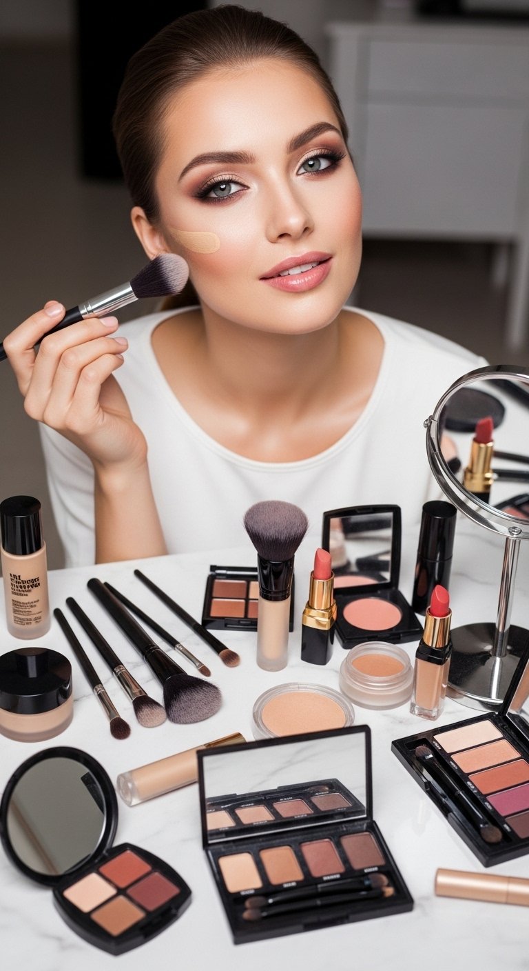 A breathtaking makeup tutorial editorial featuring a beautiful woman with a perfectly flawless face including glowing skin, defined eyes, sculpted cheeks, and polished lips surrounded by makeup brushes and products on a white marble vanity, serving as your ultimate friendly guide to achieving a flawless face with confidence.