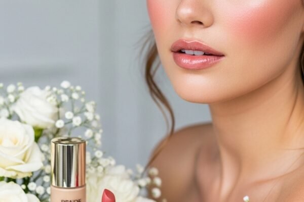 A breathtaking natural bridal makeup editorial featuring a beautiful bride with effortless glowing skin, soft dewy complexion, rosy blush, defined brows, and barely-there shimmer surrounded by elegant bridal beauty products and fresh white flowers, showcasing 16 natural bridal makeup ideas for 2026 as the ultimate guide to effortless bridal beauty.