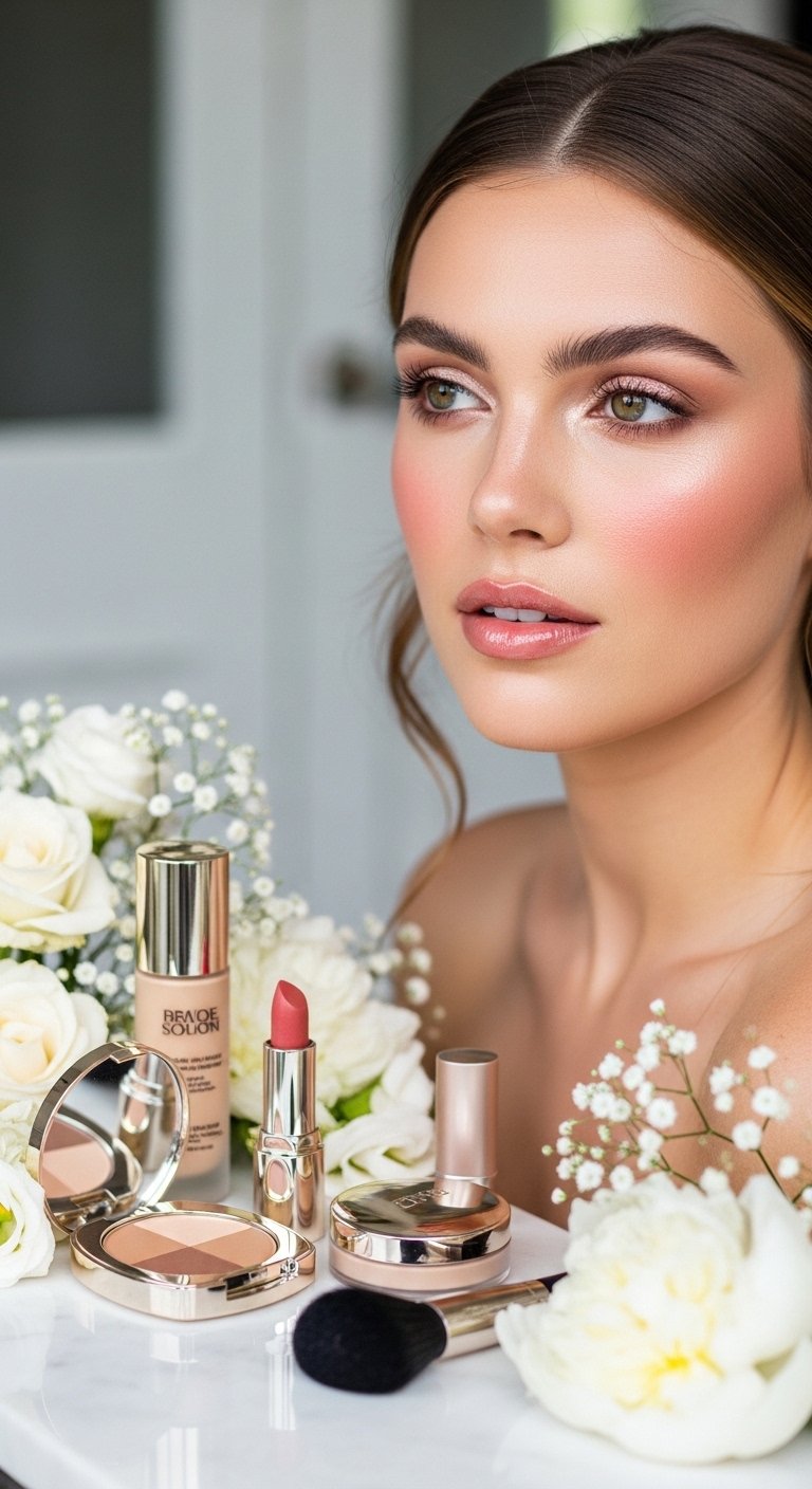 A breathtaking natural bridal makeup editorial featuring a beautiful bride with effortless glowing skin, soft dewy complexion, rosy blush, defined brows, and barely-there shimmer surrounded by elegant bridal beauty products and fresh white flowers, showcasing 16 natural bridal makeup ideas for 2026 as the ultimate guide to effortless bridal beauty.
