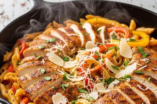 A breathtaking one pot Cajun chicken pasta recipe editorial featuring a stunning cast iron skillet overflowing with creamy spicy pasta, golden seared Cajun chicken, colorful bell peppers, melted parmesan, and fresh parsley on a rustic wooden table, showcasing the ultimate guide to making this creamy spicy and unforgettable one pot Cajun chicken pasta recipe.