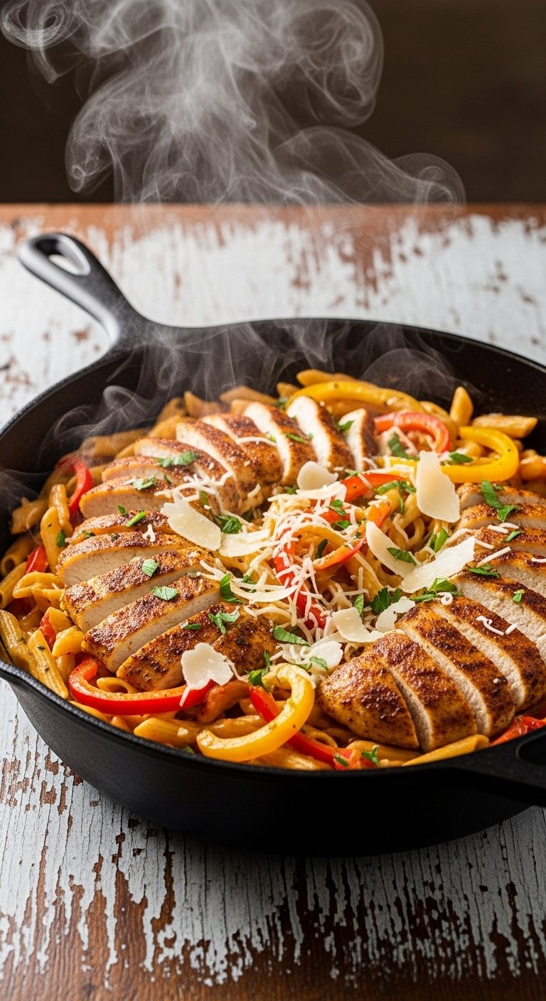 A breathtaking one pot Cajun chicken pasta recipe editorial featuring a stunning cast iron skillet overflowing with creamy spicy pasta, golden seared Cajun chicken, colorful bell peppers, melted parmesan, and fresh parsley on a rustic wooden table, showcasing the ultimate guide to making this creamy spicy and unforgettable one pot Cajun chicken pasta recipe.