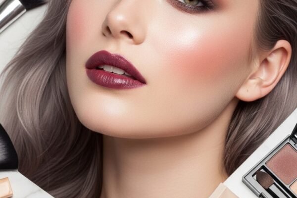 A breathtaking pale brunette makeup editorial featuring a beautiful fair-skinned brunette woman with flawless porcelain complexion, soft rosy blush, taupe smokey eyes, berry lips, and lavender highlighter surrounded by elegant makeup products, showcasing 20 pale brunette makeup ideas to help you embrace your unique beauty with confidence.