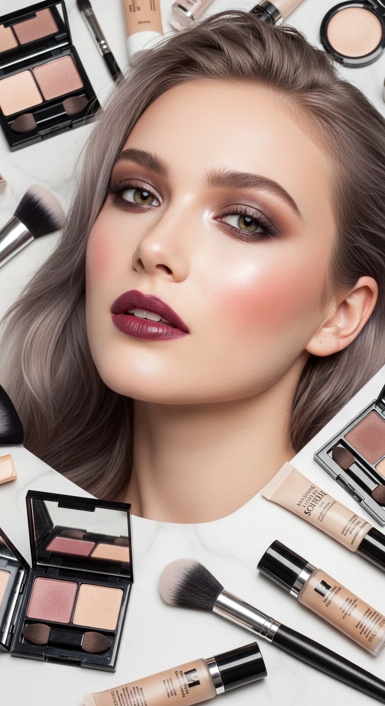 A breathtaking pale brunette makeup editorial featuring a beautiful fair-skinned brunette woman with flawless porcelain complexion, soft rosy blush, taupe smokey eyes, berry lips, and lavender highlighter surrounded by elegant makeup products, showcasing 20 pale brunette makeup ideas to help you embrace your unique beauty with confidence.