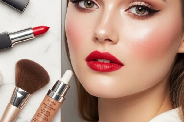 A breathtaking pale skin makeup editorial featuring a stunning fair-skinned woman with flawless porcelain complexion, soft rosy blush, ethereal highlight, subtle smokey eyes, and bold red lip surrounded by elegant makeup products on white marble, showcasing 20 pale skin makeup ideas as a complete guide to achieving flawless and radiant looks.