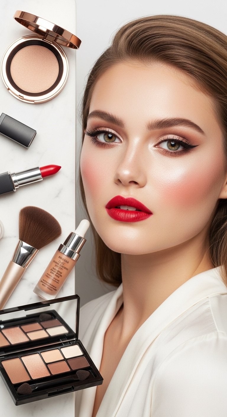 A breathtaking pale skin makeup editorial featuring a stunning fair-skinned woman with flawless porcelain complexion, soft rosy blush, ethereal highlight, subtle smokey eyes, and bold red lip surrounded by elegant makeup products on white marble, showcasing 20 pale skin makeup ideas as a complete guide to achieving flawless and radiant looks.