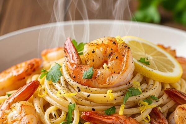 A breathtaking shrimp scampi pasta recipe editorial featuring a stunning bowl of perfectly cooked linguine with plump golden seared shrimp in a glossy white wine lemon garlic butter sauce with fresh parsley and lemon zest on a rustic Italian wooden table, showcasing the ultimate guide to mastering shrimp scampi pasta recipes at home.
