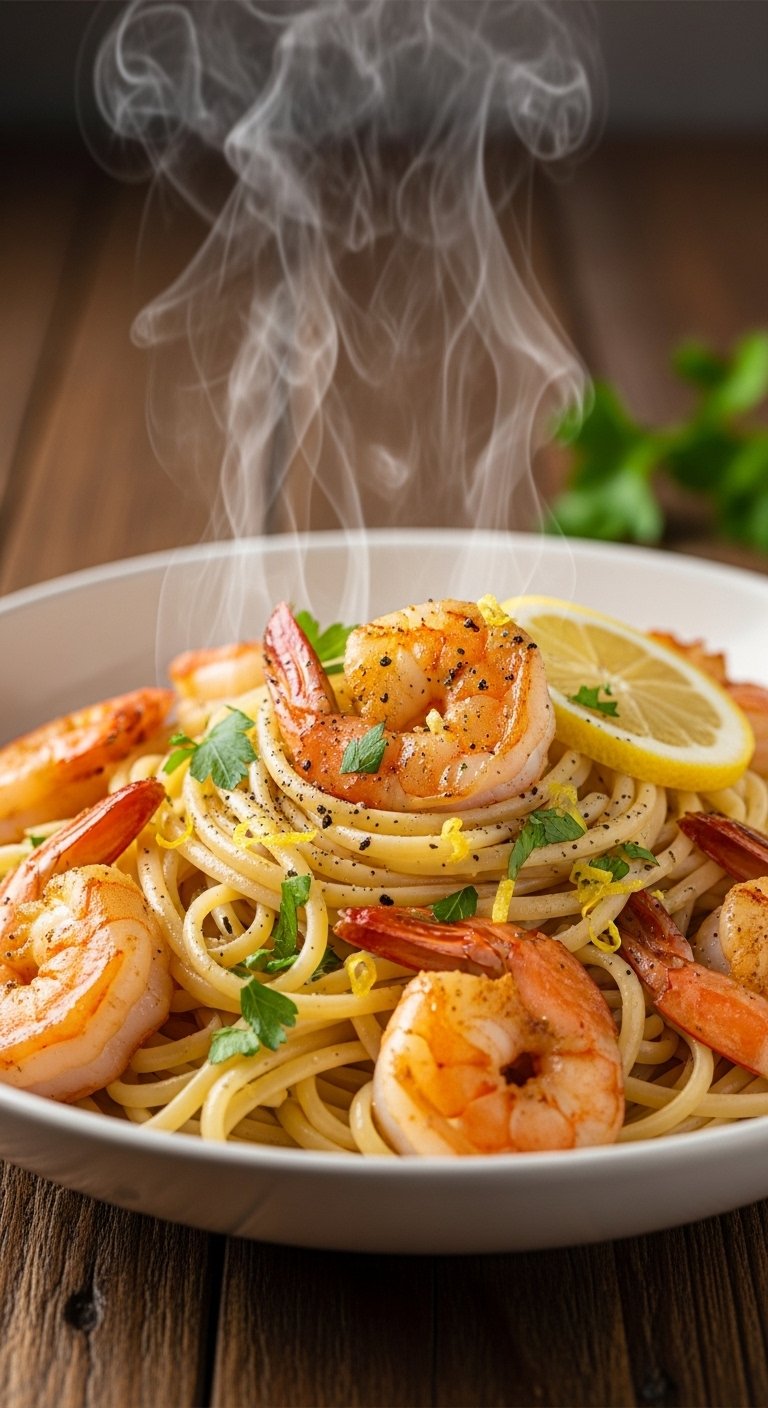 A breathtaking shrimp scampi pasta recipe editorial featuring a stunning bowl of perfectly cooked linguine with plump golden seared shrimp in a glossy white wine lemon garlic butter sauce with fresh parsley and lemon zest on a rustic Italian wooden table, showcasing the ultimate guide to mastering shrimp scampi pasta recipes at home.