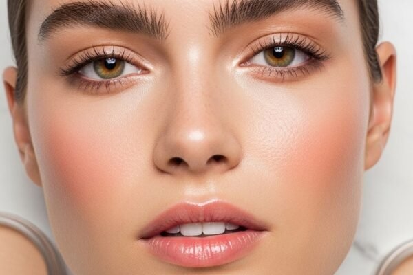 A breathtaking simple natural makeup editorial featuring a beautiful woman with effortlessly glowing dewy skin, groomed feathery brows, soft cream blush, bitten lip stain, and inner corner highlight surrounded by minimal beauty products on white marble, showcasing 20 simple makeup natural ideas as the ultimate guide to achieving effortless everyday beauty.