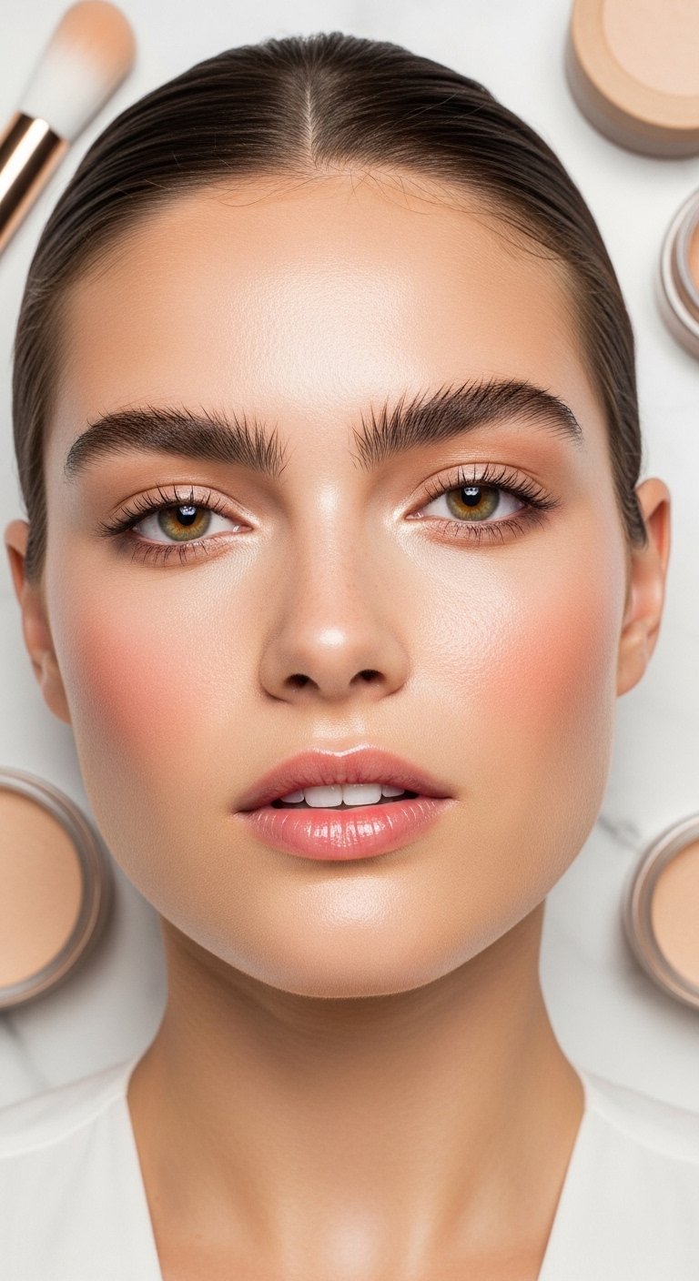 A breathtaking simple natural makeup editorial featuring a beautiful woman with effortlessly glowing dewy skin, groomed feathery brows, soft cream blush, bitten lip stain, and inner corner highlight surrounded by minimal beauty products on white marble, showcasing 20 simple makeup natural ideas as the ultimate guide to achieving effortless everyday beauty.