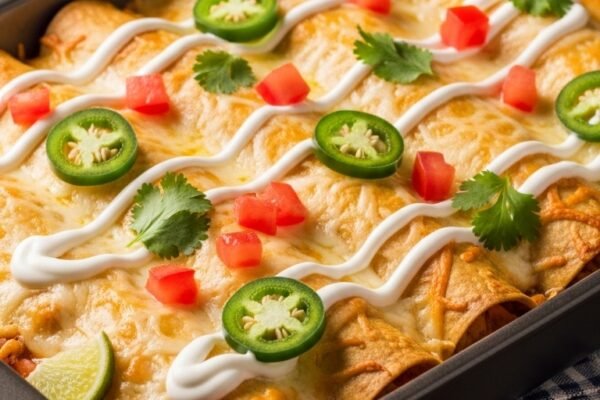 A breathtaking sour cream chicken enchilada recipe editorial featuring a stunning baking dish of golden baked enchiladas smothered in rich creamy white sauce, melted cheese, fresh cilantro, and jalapeños on a rustic wooden table, showcasing the ultimate guide to making the most delicious and authentic sour cream chicken enchilada recipe at home.