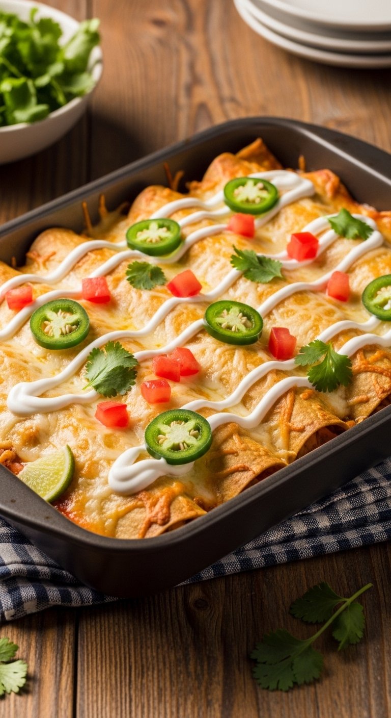 A breathtaking sour cream chicken enchilada recipe editorial featuring a stunning baking dish of golden baked enchiladas smothered in rich creamy white sauce, melted cheese, fresh cilantro, and jalapeños on a rustic wooden table, showcasing the ultimate guide to making the most delicious and authentic sour cream chicken enchilada recipe at home.