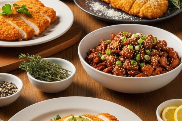 A breathtaking thinly sliced chicken breast recipes editorial featuring a stunning spread of golden chicken cutlets including lemon garlic butter, crispy parmesan crusted, and Korean bulgogi styles beautifully styled on a rustic wooden table with fresh herbs and warm kitchen lighting, showcasing the ultimate guide to fast flavorful and foolproof thinly sliced chicken breast dinners.