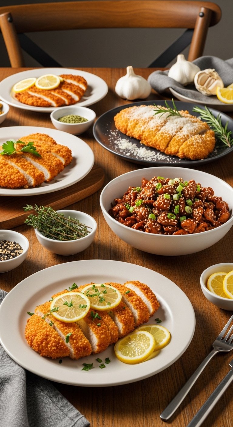 A breathtaking thinly sliced chicken breast recipes editorial featuring a stunning spread of golden chicken cutlets including lemon garlic butter, crispy parmesan crusted, and Korean bulgogi styles beautifully styled on a rustic wooden table with fresh herbs and warm kitchen lighting, showcasing the ultimate guide to fast flavorful and foolproof thinly sliced chicken breast dinners.