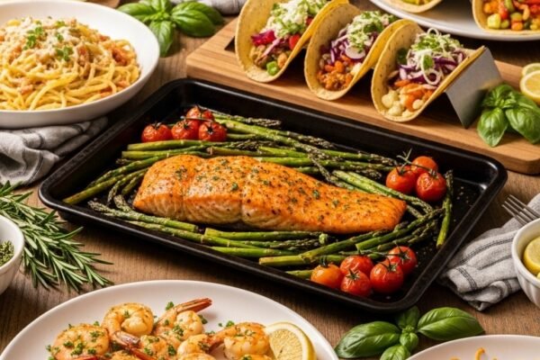 A stunning appetizing spread of multiple quick dinner ideas including shrimp scampi, sheet pan salmon, creamy pasta, tacos, and stir fry beautifully styled on a rustic wooden dining table with fresh herbs and warm kitchen lighting, showcasing 25 quick dinner ideas as the ultimate guide to easy and delicious weeknight meals.