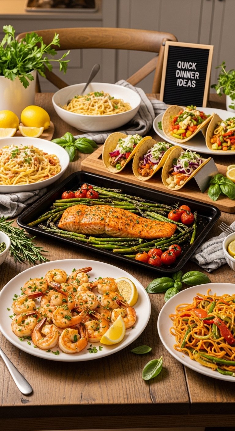 A stunning appetizing spread of multiple quick dinner ideas including shrimp scampi, sheet pan salmon, creamy pasta, tacos, and stir fry beautifully styled on a rustic wooden dining table with fresh herbs and warm kitchen lighting, showcasing 25 quick dinner ideas as the ultimate guide to easy and delicious weeknight meals.