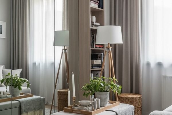 A beautifully designed and maximized small living room featuring multi-functional furniture, large mirrors, high curtains, vertical storage, and a neutral color palette, showcasing 20 small living room decor ideas to help you maximize space and create a stylish and functional home.