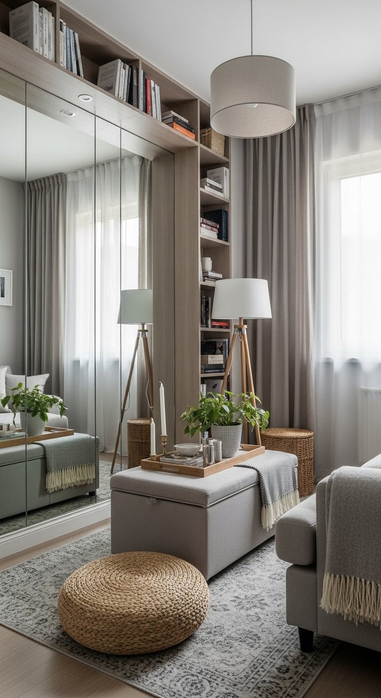 A beautifully designed and maximized small living room featuring multi-functional furniture, large mirrors, high curtains, vertical storage, and a neutral color palette, showcasing 20 small living room decor ideas to help you maximize space and create a stylish and functional home.
