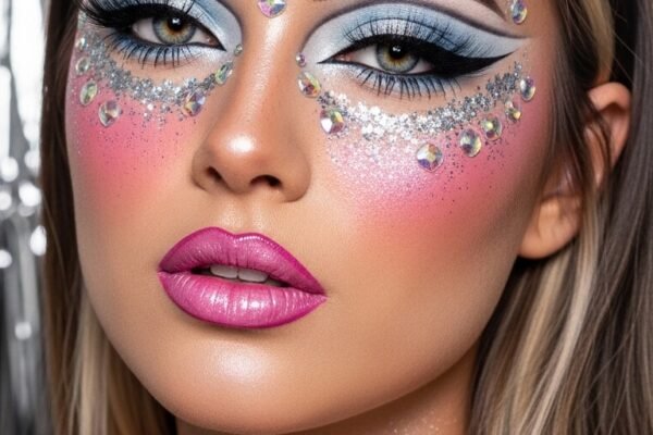 A stunning glamorous McBling makeup editorial featuring a beautiful woman with full Y2K inspired beauty including frosty eyeshadow, metallic foiled lids, glossy lips, shimmery blush, face gems, and chunky highlights, showcasing 18 McBling makeup ideas as a complete guide to mastering the most iconic Y2K makeup trends.