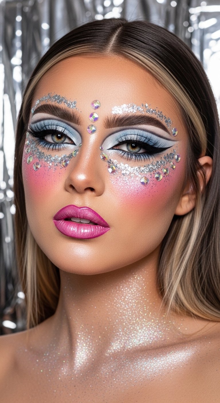 A stunning glamorous McBling makeup editorial featuring a beautiful woman with full Y2K inspired beauty including frosty eyeshadow, metallic foiled lids, glossy lips, shimmery blush, face gems, and chunky highlights, showcasing 18 McBling makeup ideas as a complete guide to mastering the most iconic Y2K makeup trends.