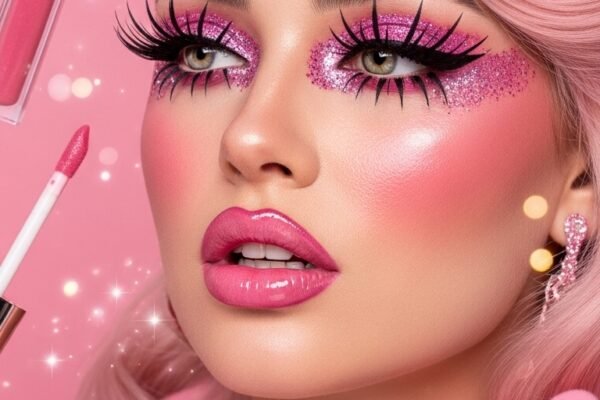 A stunning glamorous bimbocore makeup editorial featuring a beautiful woman with hyper-feminine Y2K inspired beauty including glossy pink lips, glitter eyeshadow, heavy blush, and dewy glowing skin, showcasing 15 bimbocore makeup ideas as the ultimate guide to mastering the hyper-feminine beauty trend.