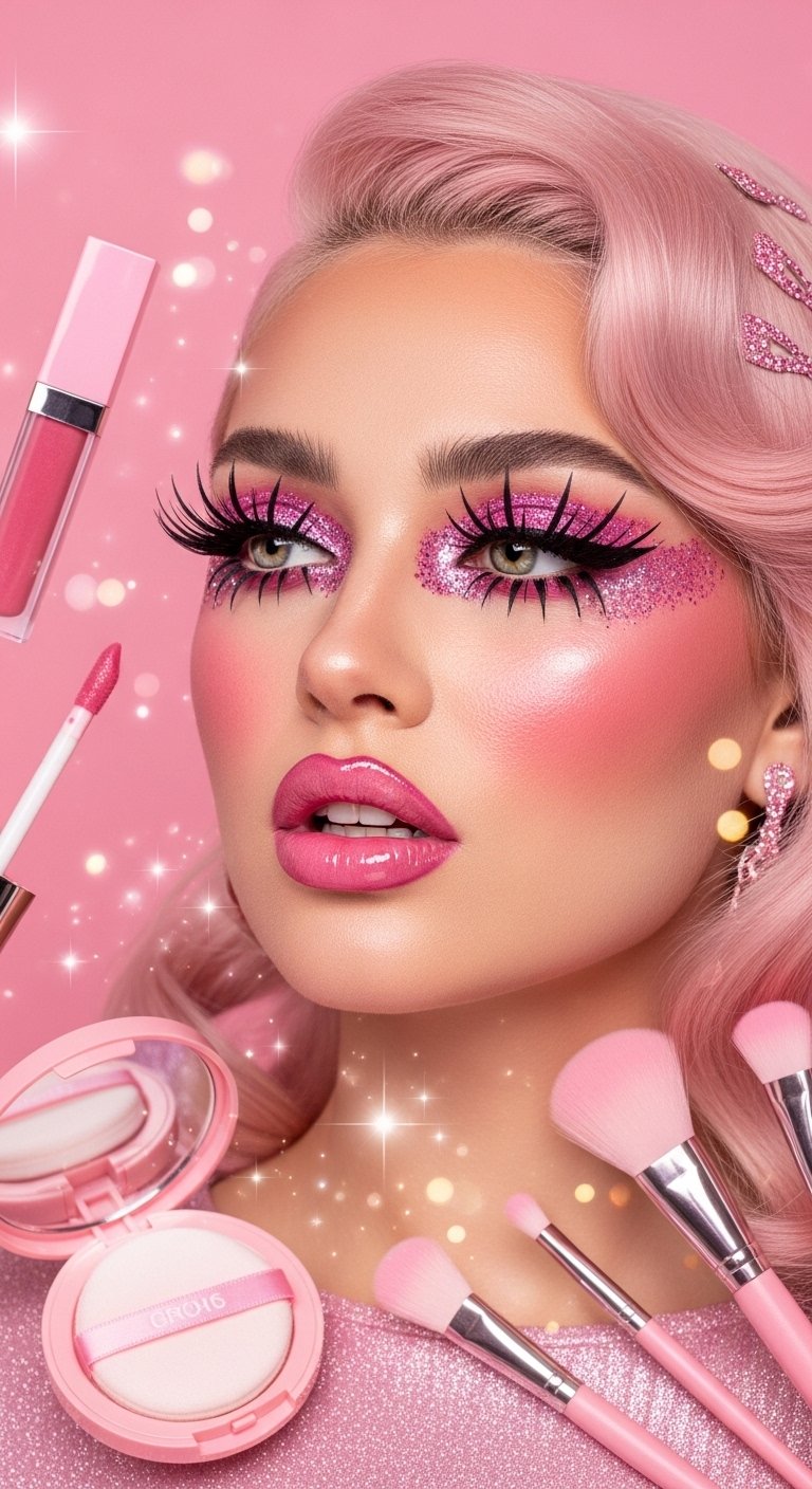 A stunning glamorous bimbocore makeup editorial featuring a beautiful woman with hyper-feminine Y2K inspired beauty including glossy pink lips, glitter eyeshadow, heavy blush, and dewy glowing skin, showcasing 15 bimbocore makeup ideas as the ultimate guide to mastering the hyper-feminine beauty trend.