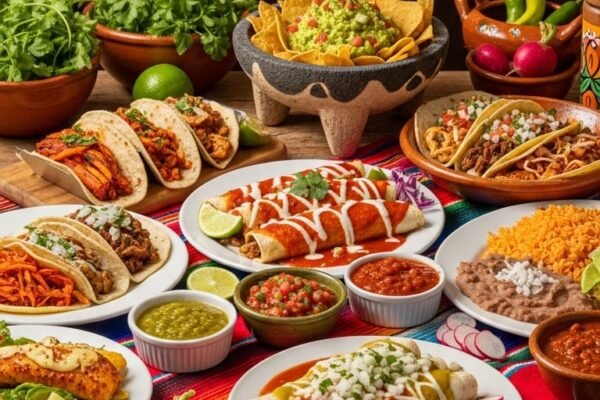A stunning and vibrant spread of authentic Mexican food recipes including tacos, enchiladas, guacamole, salsa, and rice beautifully arranged on a colorful rustic table, showcasing 20 Mexican food recipes ideas for creating a delicious culinary fiesta in your own kitchen.