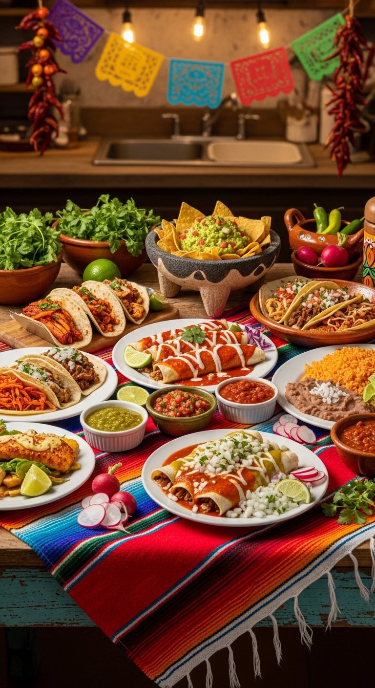 A stunning and vibrant spread of authentic Mexican food recipes including tacos, enchiladas, guacamole, salsa, and rice beautifully arranged on a colorful rustic table, showcasing 20 Mexican food recipes ideas for creating a delicious culinary fiesta in your own kitchen.