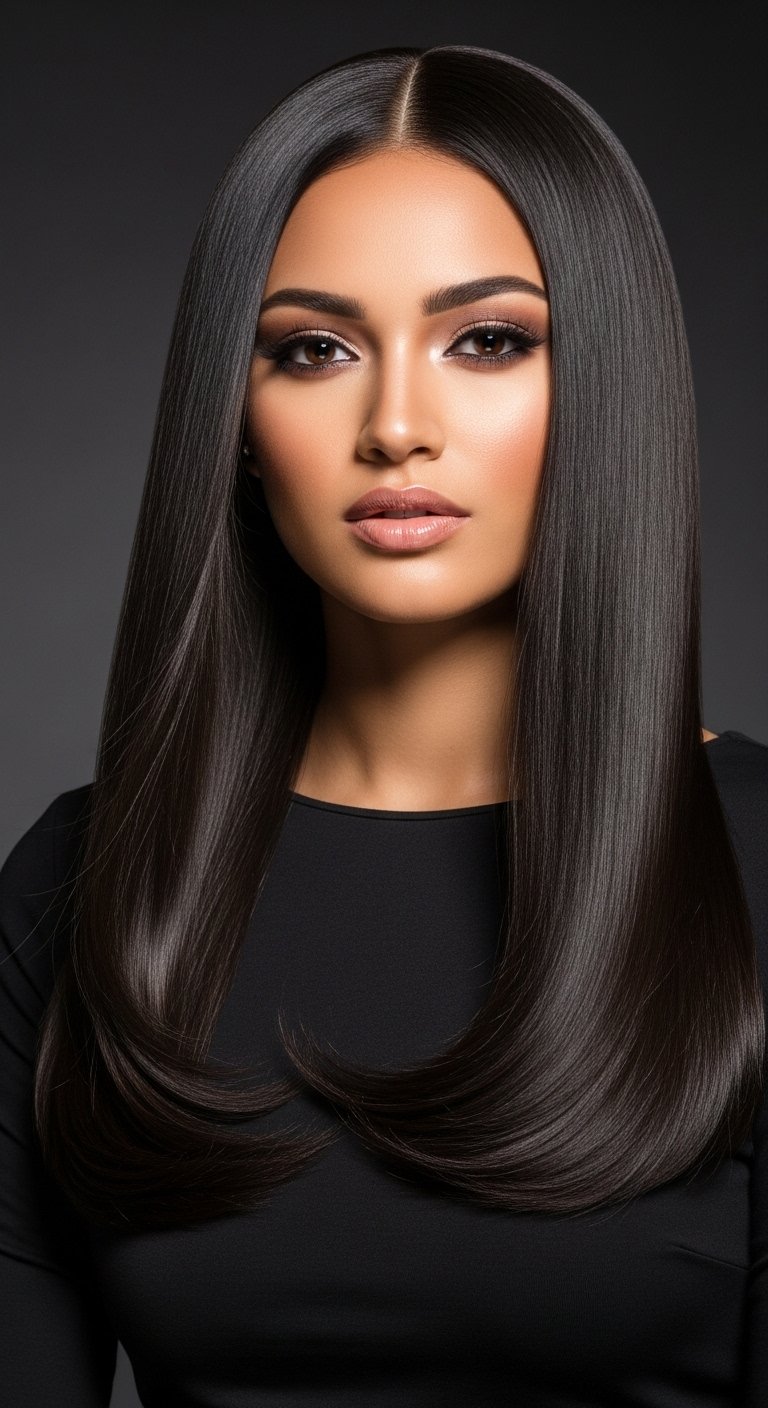 A stunning beauty editorial featuring a gorgeous woman with a flawless sleek straight quick weave hairstyle with perfect shine and movement, showcasing 20 straight quick weave hairstyles ideas for achieving instant glamour and salon-quality results at home.