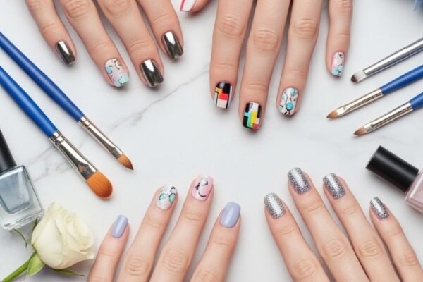 A stunning beauty editorial featuring beautifully manicured hands showcasing multiple cool nail art designs including chrome effects, pressed flowers, geometric patterns, and glitter ombre on a white marble surface, illustrating 15 cool nails ideas as a complete guide to achieving stunning and creative manicures.