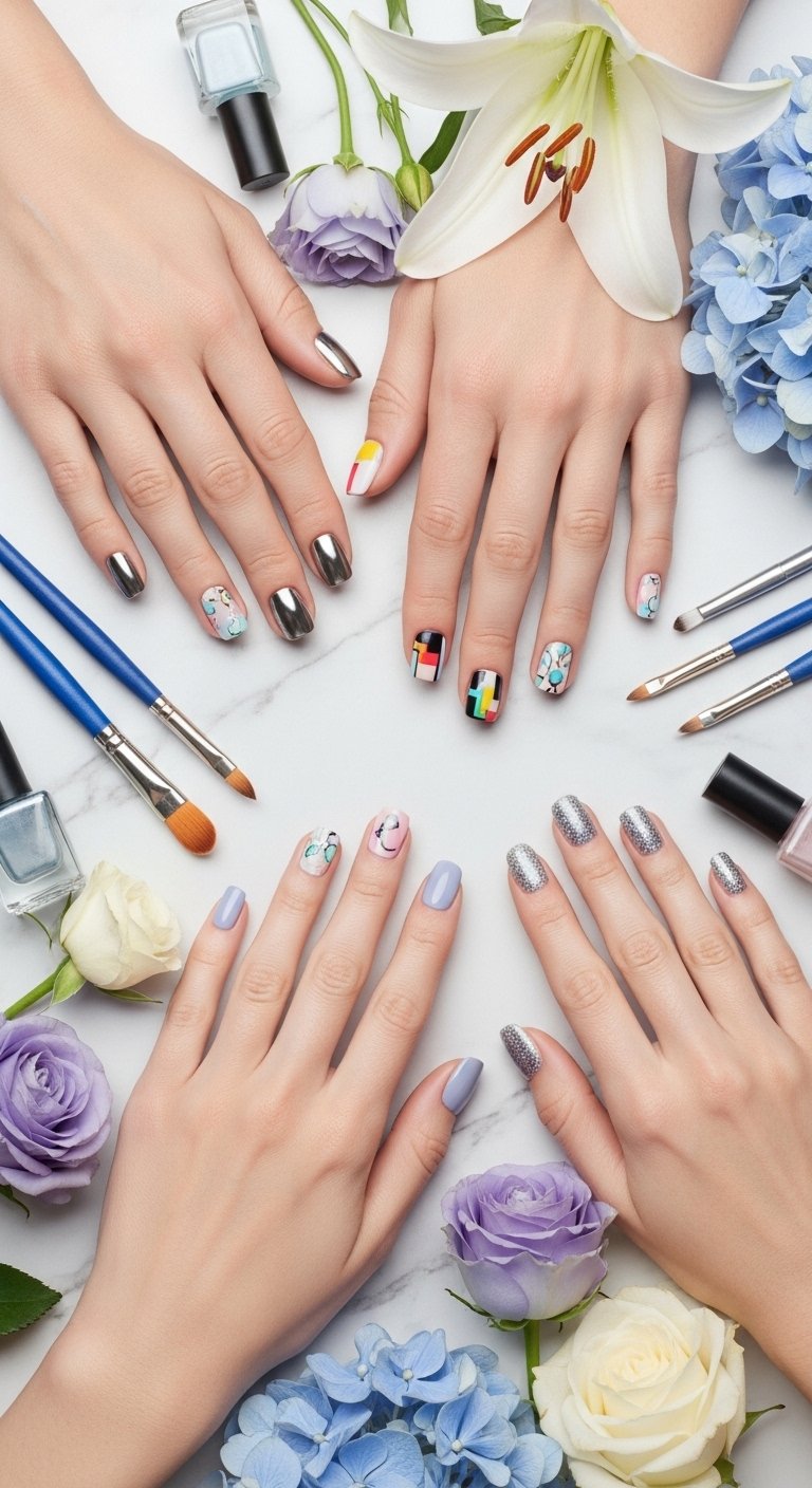A stunning beauty editorial featuring beautifully manicured hands showcasing multiple cool nail art designs including chrome effects, pressed flowers, geometric patterns, and glitter ombre on a white marble surface, illustrating 15 cool nails ideas as a complete guide to achieving stunning and creative manicures.