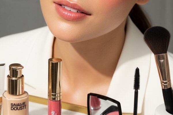 A stunning everyday makeup routine editorial featuring a beautiful woman with effortless natural beauty including glowing dewy skin, soft brows, subtle eye makeup, and flushed blush surrounded by essential makeup products on a white marble vanity, showcasing 18 everyday makeup routine ideas as the ultimate guide to achieving effortless beauty.