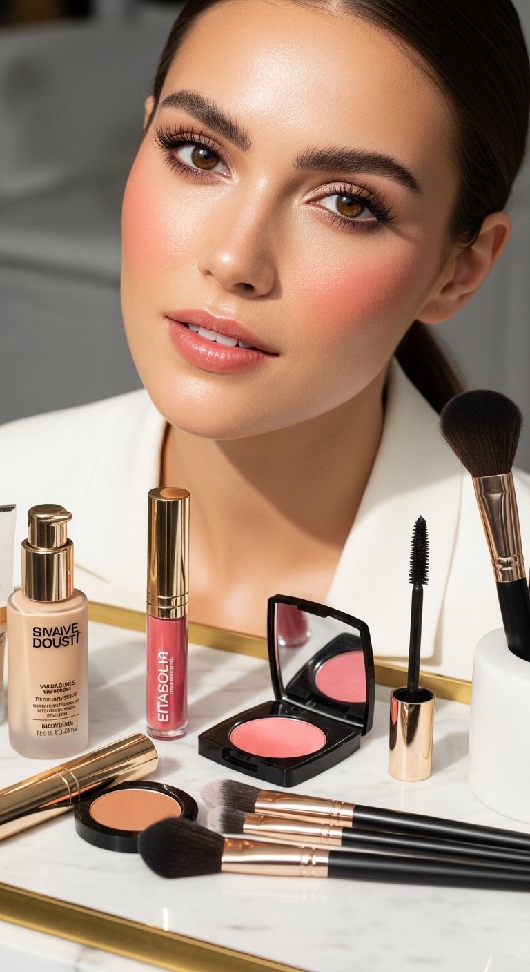 A stunning everyday makeup routine editorial featuring a beautiful woman with effortless natural beauty including glowing dewy skin, soft brows, subtle eye makeup, and flushed blush surrounded by essential makeup products on a white marble vanity, showcasing 18 everyday makeup routine ideas as the ultimate guide to achieving effortless beauty.