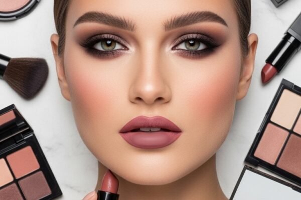 A stunning matte makeup editorial featuring a beautiful woman with a perfectly flawless velvety complexion, soft matte foundation, powdery blush, matte smokey eyes, and blurred matte lip surrounded by elegant matte beauty products, showcasing 15 matte makeup ideas for achieving a flawless and velvety complexion.