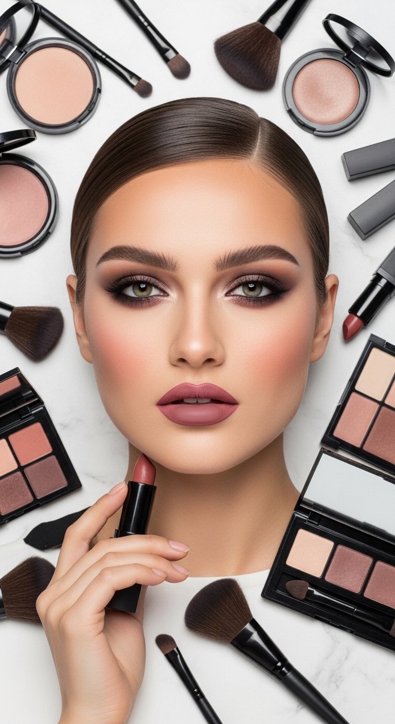 A stunning matte makeup editorial featuring a beautiful woman with a perfectly flawless velvety complexion, soft matte foundation, powdery blush, matte smokey eyes, and blurred matte lip surrounded by elegant matte beauty products, showcasing 15 matte makeup ideas for achieving a flawless and velvety complexion.