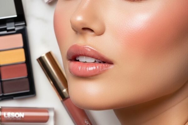 A stunning no mascara makeup editorial featuring a beautiful woman with flawless glowing skin, bold defined brows, colorful graphic liner, glossy lips, and radiant blush all achieved without mascara, showcasing 15 no mascara makeup ideas that prove bare lashes can be absolutely beautiful.