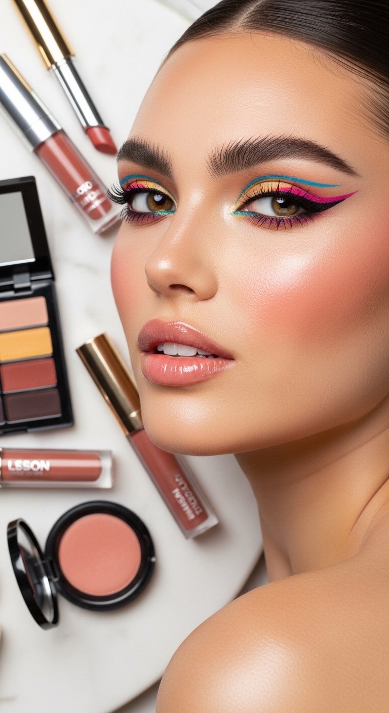 A stunning no mascara makeup editorial featuring a beautiful woman with flawless glowing skin, bold defined brows, colorful graphic liner, glossy lips, and radiant blush all achieved without mascara, showcasing 15 no mascara makeup ideas that prove bare lashes can be absolutely beautiful.