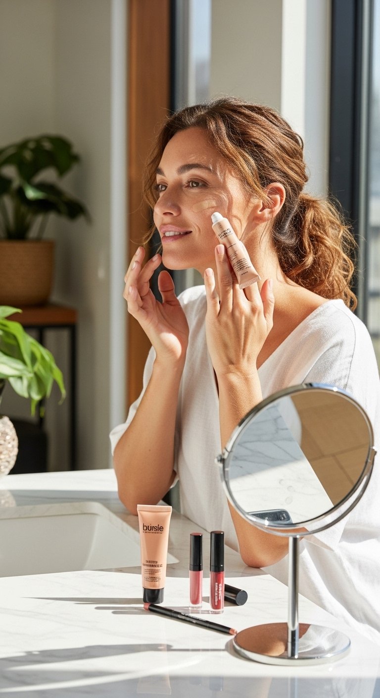 A stunning quick makeup ideas editorial featuring a beautiful woman effortlessly applying minimal makeup at a bright modern vanity surrounded by essential multi-tasking beauty products, showcasing 18 quick makeup ideas to save your morning routine and make effortless beauty achievable every single day.