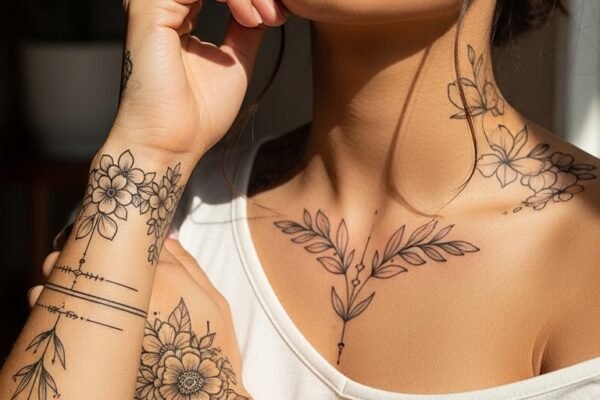 A stunning tattoo editorial featuring a beautiful woman showcasing multiple elegant feminine tattoos including delicate florals, minimalist constellations, botanical designs, and meaningful script on wrist, collarbone, and forearm placements, illustrating 18 tattoos for women ideas as the ultimate guide to finding the perfect ink.